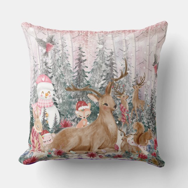 Pink Watercolor Reindeer, Snowman Merry Christmas Throw Pillow (Front)