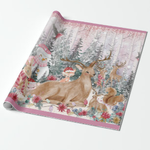 Pink Watercolor Reindeer, Snowman Merry Christmas Wrapping Paper