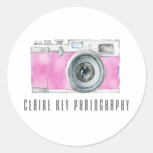 Pink Watercolor Retro Camera Photographer Logo Classic Round Sticker