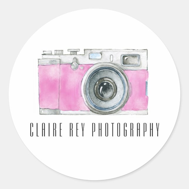 Pink Watercolor Retro Camera Photographer Logo Classic Round Sticker (Front)