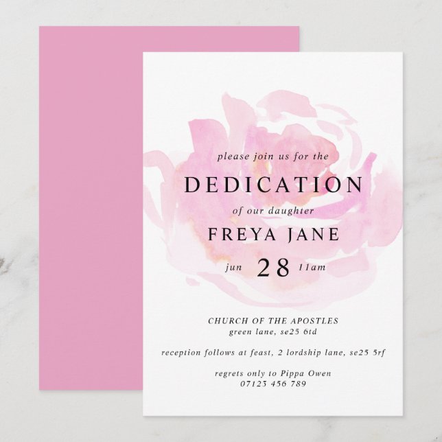 Pink Watercolor Rose Baby Dedication Invitation (Front/Back)