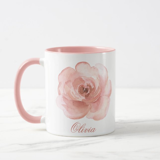 Pink Watercolor Rose Elegant Name Girly Mug (Left)