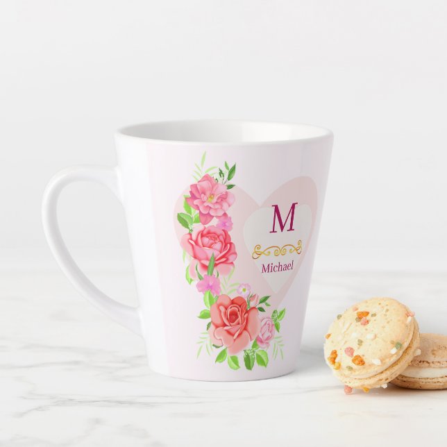 Pink Watercolor Rose Floral Monogram Initial Latte Mug (In Situ)