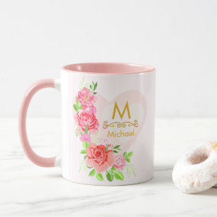 Pink Watercolor Rose Floral Monogram Initial Mug