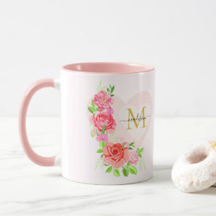 Pink Watercolor Rose Floral Monogram Initial Mug