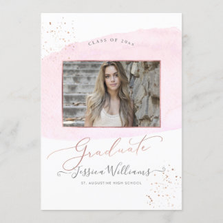 Pink Watercolor+Rose Gold Cap Graduation Party Invitation