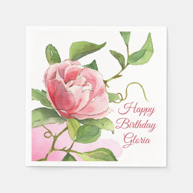 Pink Watercolor Rose Paper Napkin (Front)