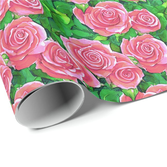 Pink Watercolor Rose Pattern Wrapping Paper (Roll Corner)