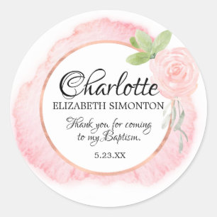 Pink Watercolor Rose Personalized Baptism Classic Round Sticker