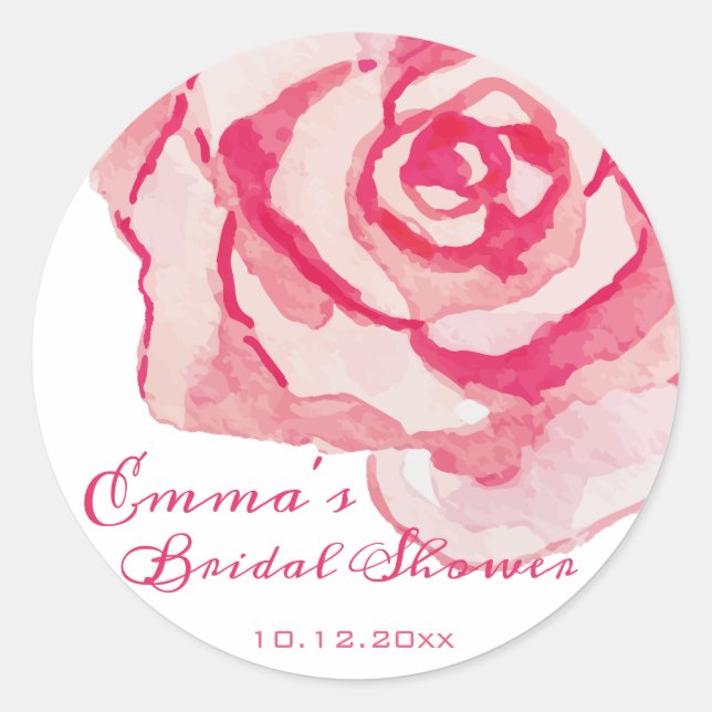 Pink Watercolor Rose | Personalized Bridal Shower Classic Round Sticker (Front)