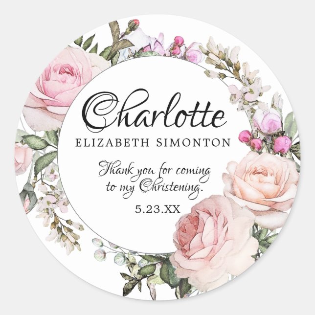 Pink Watercolor Rose Personalized Christening Classic Round Sticker (Front)