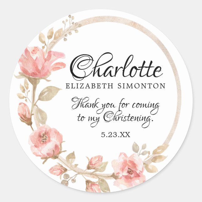 Pink Watercolor Rose Personalized Christening Classic Round Sticker (Front)
