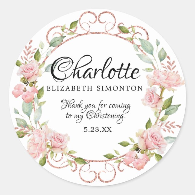 Pink Watercolor Rose Personalized Christening Classic Round Sticker (Front)