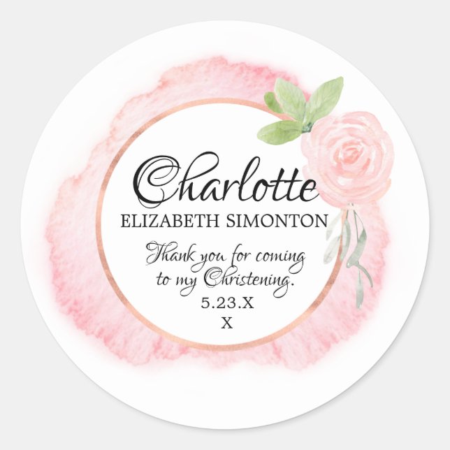 Pink Watercolor Rose Personalized Christening Classic Round Sticker (Front)