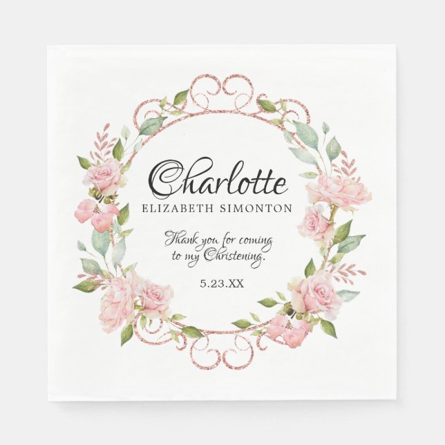 Pink Watercolor Rose Personalized Christening Napkin (Front)