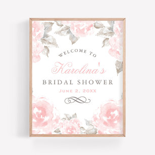 Pink Watercolor Rose Vintage Wedding Bridal Shower Poster
