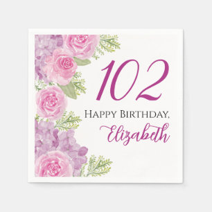 Pink Watercolor Roses 102nd Birthday Paper Napkin