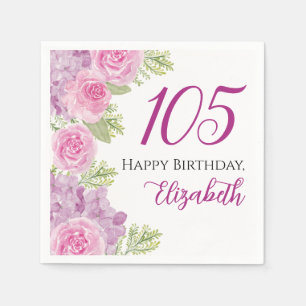 Pink Watercolor Roses 105th Birthday Paper Napkin