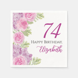 Pink Watercolor Roses 74th Birthday Paper Napkin