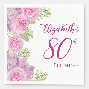 Pink Watercolor Roses 80th Birthday Coaster Napkin