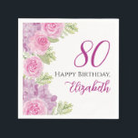 Pink Watercolor Roses 80th Birthday Paper Napkin<br><div class="desc">This pretty watercolor flowers and ferns 80th birthday napkin is perfect for a feminine party. This design features a variety of hand painted watercolor pink roses and ferns,  and is a nice,  feminine choice for a special event to celebrate a milestone birthday.</div>