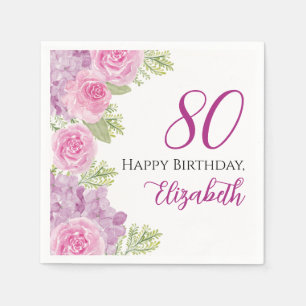 Pink Watercolor Roses 80th Birthday Paper Napkin