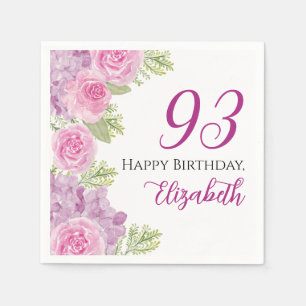 Pink Watercolor Roses 93rd Birthday Paper Napkin