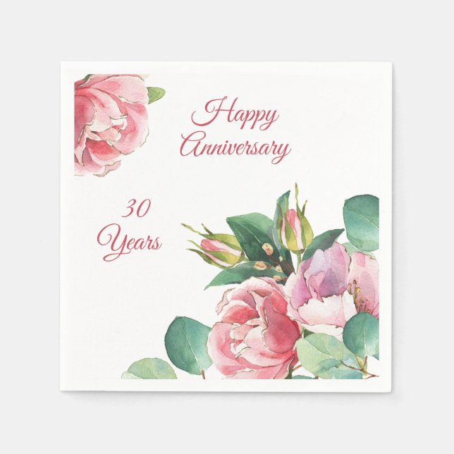 Pink Watercolor Roses and Foliage Paper Napkin (Front)