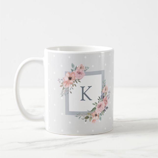 Pink Watercolor Roses and Grey Dots | Monogram Coffee Mug (Left)