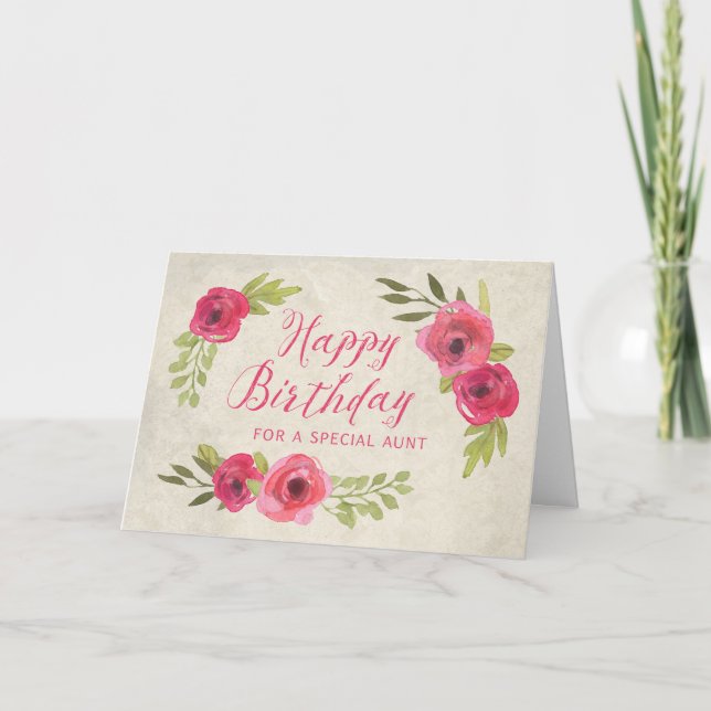 Pink Watercolor Roses Aunt Birthday Card (Front)
