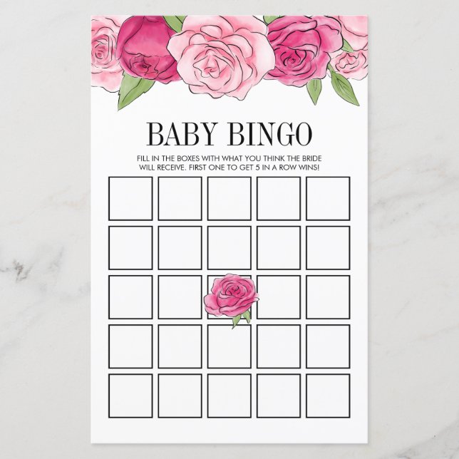 Pink Watercolor Roses Baby Shower Bingo Game Card (Front)