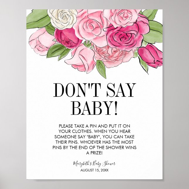 Pink Watercolor Roses Baby Shower Game Poster (Front)