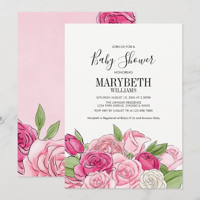 Pink Watercolor Roses Baby Shower Invitation (Front/Back)