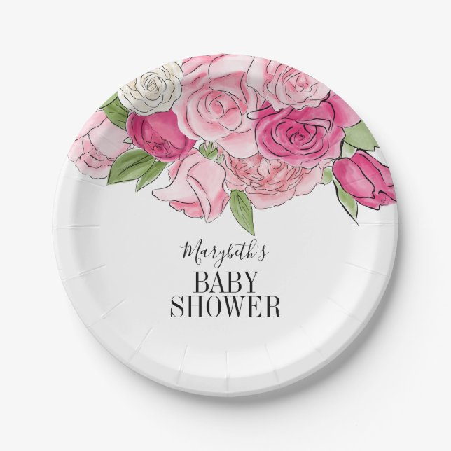 Pink Watercolor Roses Baby Shower Paper Plate (Front)