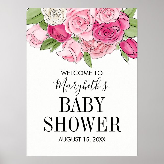 Pink Watercolor Roses Baby Shower Welcome Poster (Front)