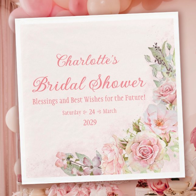 Pink Watercolor Roses Bridal Shower  Napkin (Pink Watercolor Roses Bridal Shower Napkins with Blessings, Best Wishes, and the Date)