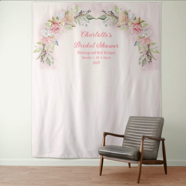 Pink Watercolor Roses Bridal Shower Photo Backdrop Tapestry (Pink Watercolor Roses Bridal Shower Photo Backdrop)