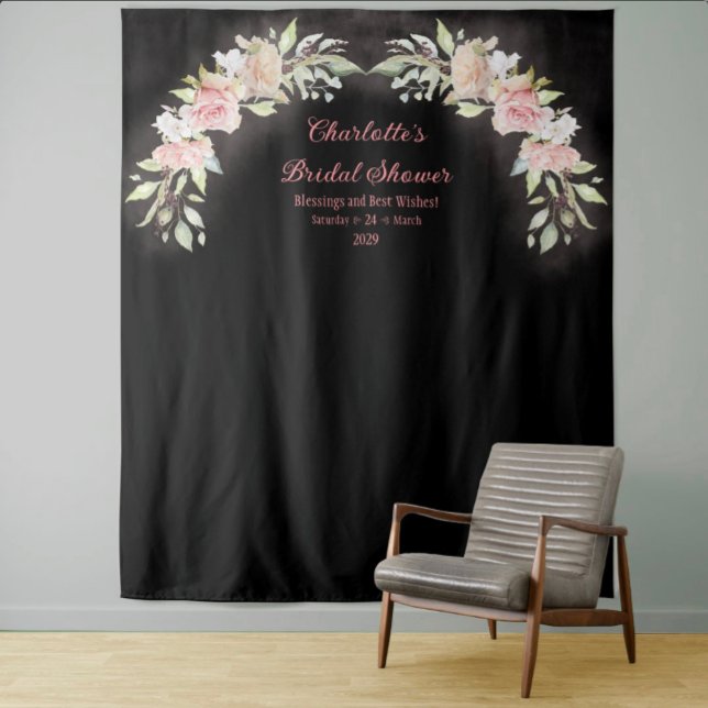 Pink Watercolor Roses Bridal Shower Photo Backdrop Tapestry (Pink Watercolor Roses Moody Black Bridal Shower Photo Backdrop)