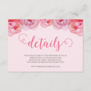 Pink Watercolor Roses Floral Wedding Details Enclosure Card