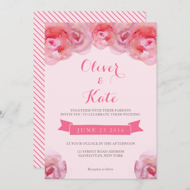 Pink Watercolor Roses Floral Wedding Invitation (Front/Back)