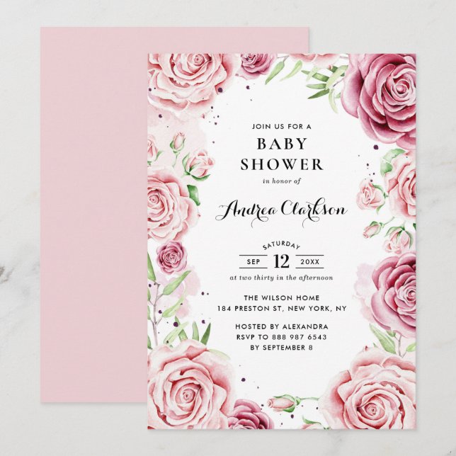 Pink Watercolor Roses Frame Baby Shower Invitation (Front/Back)