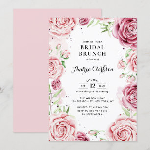 Pink Watercolor Roses Frame Bridal Brunch Invitation