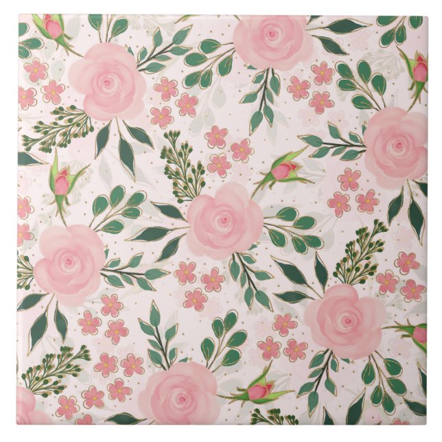 Pink Watercolor Roses Gold Outline Design Tile (Front)