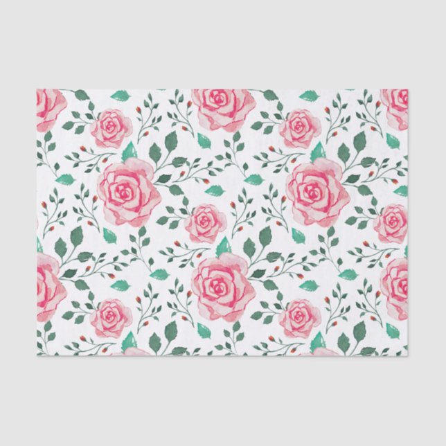 Pink Watercolor Roses & Green Foliage Pattern Tissue Paper (Front)