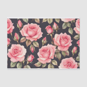 Pink Watercolor Roses on Black Background  Tissue Paper