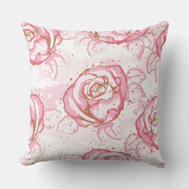 Pink Watercolor Roses on White Wash Throw Pillow (Front)