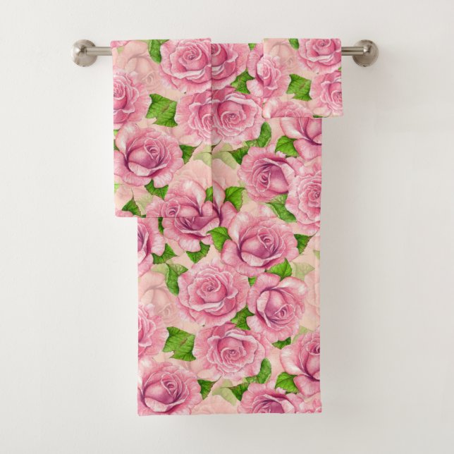 Pink watercolor roses pattern bath towel set (Insitu)
