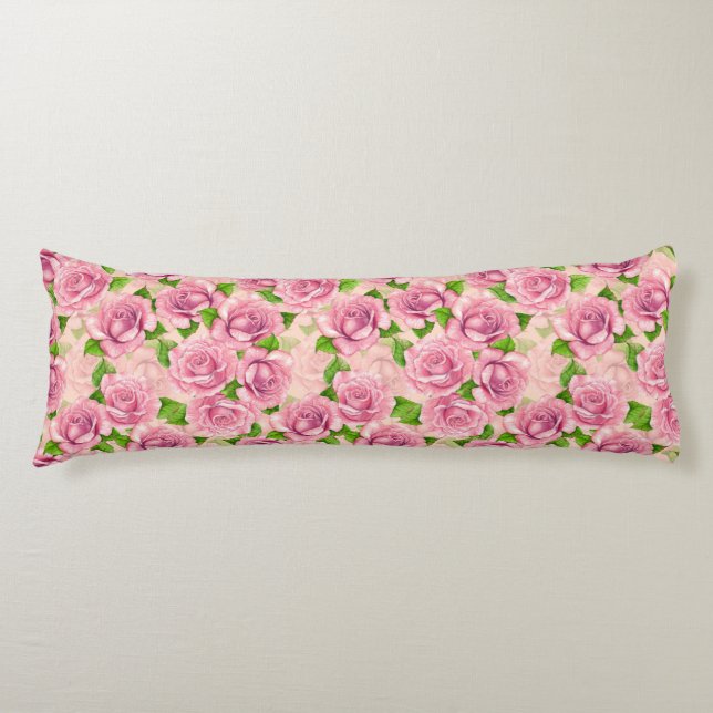 Pink watercolor roses pattern body pillow (Front)