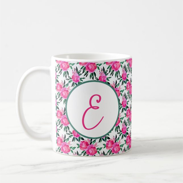 Pink watercolor roses pattern monogram coffee mug (Left)