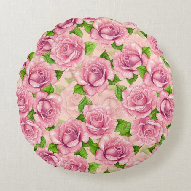 Pink watercolor roses pattern round pillow (Front)